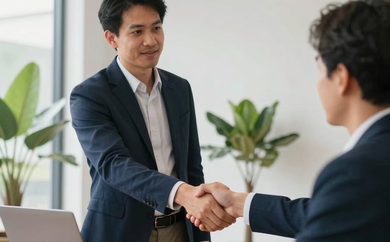 A medium shot of a Southeast Asian male consultant in a business casual navy blazer shaking hands with a client in a bright, modern meeting room. Professional setting with soft natural light coming from large windows. Minimalist decor with plants and a laptop on a wooden table.