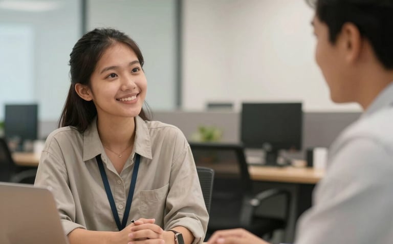 A consultative meeting between a professional consultant and a young Southeast Asian / Indonesian candidate in a modern office, friendly atmosphere, clean composition, warm lighting.