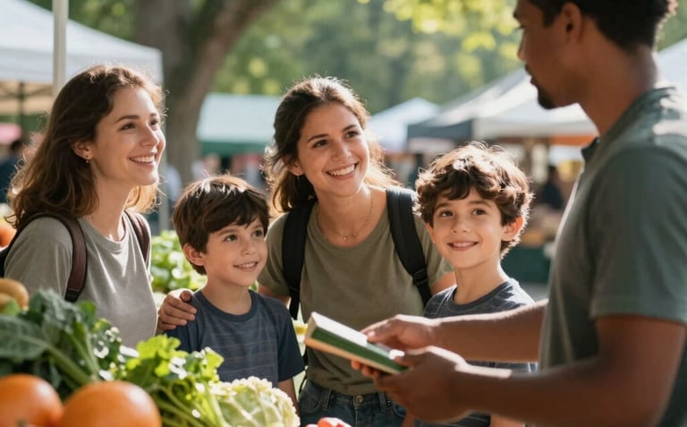 A North American family smiling while interacting with a vendor at a farmers market stall. They are selecting fresh produce under a forest green canopy with natural sunlight.