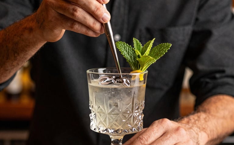 Close-up photography of a mixologist's hands preparing a craft cocktail in a Brazilian bar, focus on the crystal glassware and fresh garnish, warm lighting, charcoal and gold tones in the background.