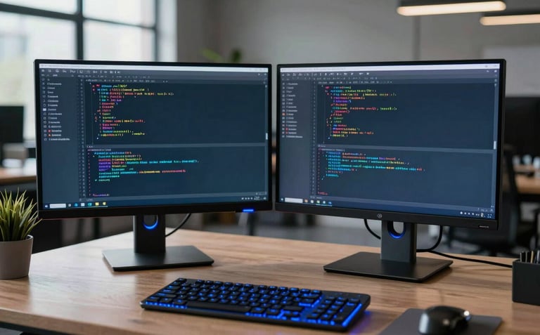 A professional portrait of a tech workspace in a North American / US modern loft, featuring dual monitors with code, a sleek keyboard, and vibrant electric blue accent lighting.