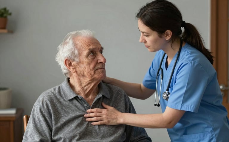 A supportive healthcare professional assisting an elderly person in a Southern European / Italian care home setting, soft light grey walls, warm and caring environment.