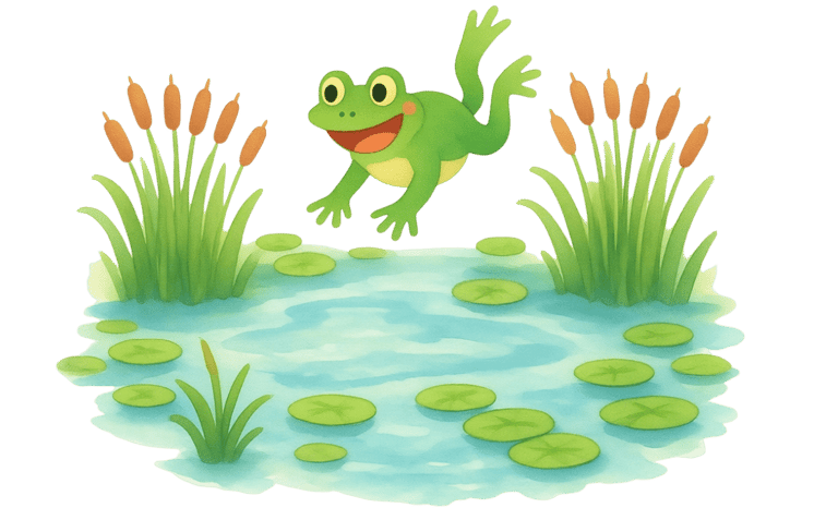 Frodo the frog is happily jumping over a pond.