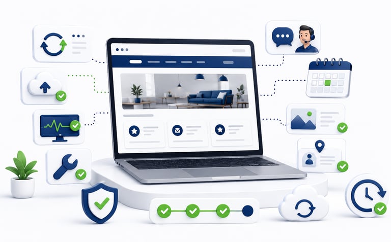 A laptop displaying a professional website surrounded by 3D icons for cloud backup, customer support, and security.