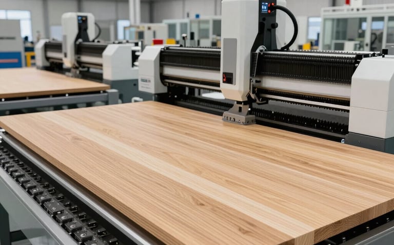 A wide-angle shot of a clean, innovative CLT manufacturing facility in Central Europe, showing large automated CNC machines cutting Natural Oak colored timber panels, bright and professional industrial setting.