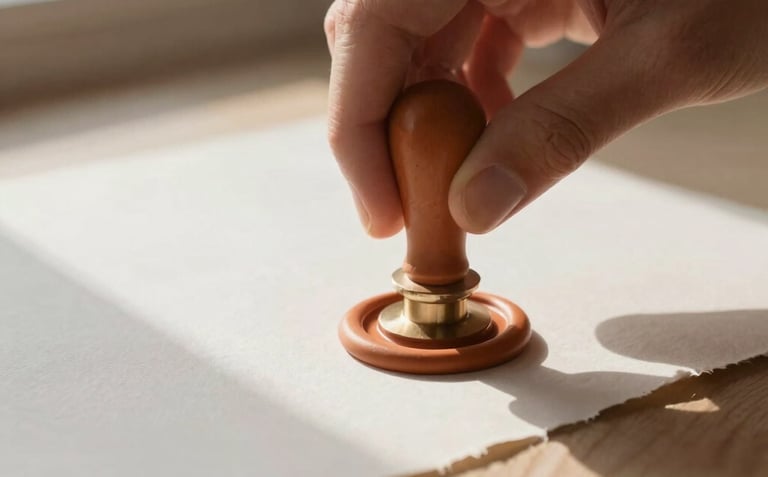 Macro shot of hands pressing a warm terracotta wax seal onto deckled edge paper, soft morning window light, shallow depth of field