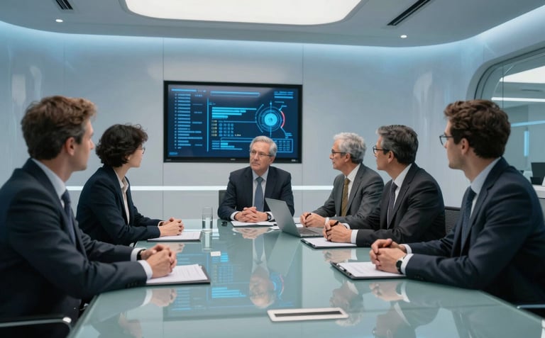 A group of North American / International Professional experts in a futuristic glass boardroom discussing strategy. Sophisticated blue lighting accents the clean, minimalist interior and high-tech displays.