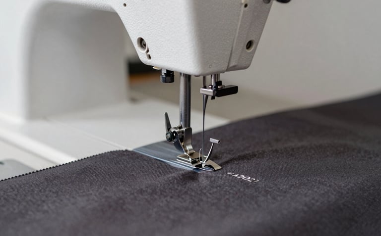 A close-up of a high-precision industrial sewing machine stitching dark #1A202C fabric. Sharp focus on the metallic needle and sophisticated movement, reflecting craftsmanship.