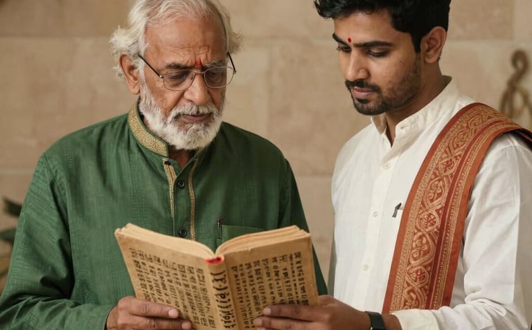 A serene photograph of a senior practitioner and a young professional in South Asian / Indian attire looking at traditional Ayurvedic texts together, warm lighting, deep green and earthy stone background.