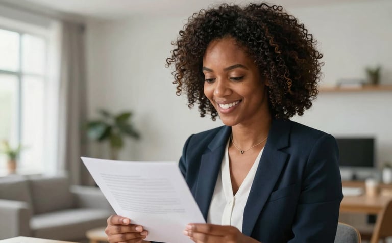 An African American woman smiling confidently while reviewing a paper document in a bright, modern North American apartment. The mood is triumphant and professional.