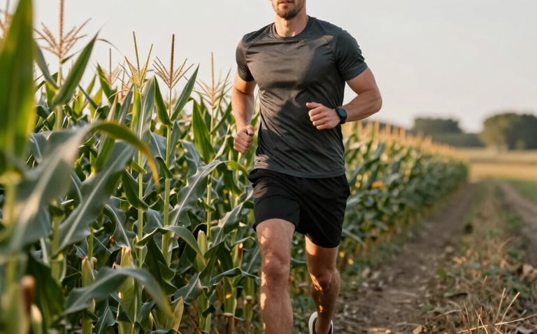 Action lifestyle shot. A fit person in athletic gear taking a break on a mountain trail, holding a bag of golden corn protein snacks. The lighting is warm like a late afternoon sun, with soft cream and dark forest green tones.
