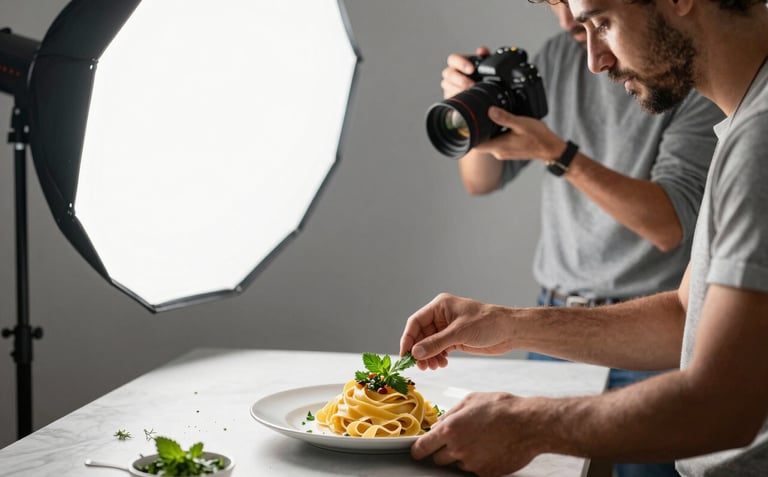 A professional food photography set in a Brazilian studio. A stylist is arranging fresh herbs on a plate of handmade pasta, while a photographer in casual attire adjusts a softbox light. The scene is clean, modern, and professional.