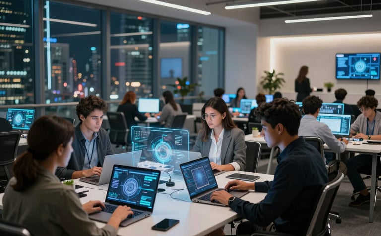 A wide shot of a futuristic coworking space in a bustling Latin American financial district. Young professionals work with holographic displays and sleek laptops under cool, ambient lighting.