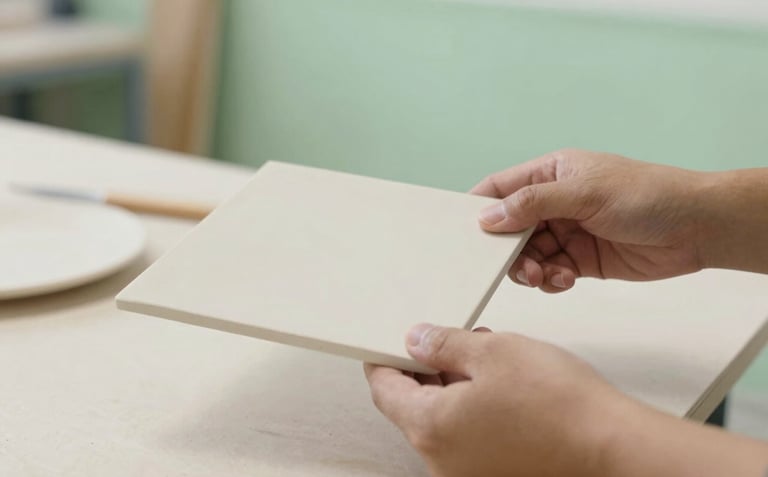 A close-up of a craftsman's hands carefully inspecting a large, matte-finish ceramic panel. The environment is a clean, modern studio with soft green accents #A4BC9F in the background.