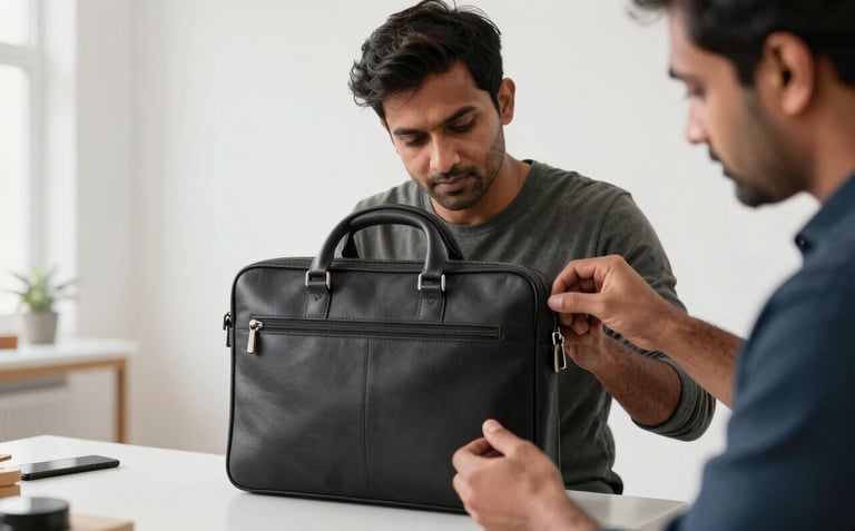 A professional South Asian / Indian artisan carefully inspecting the stitching of a charcoal black leather briefcase in a bright, modern studio with minimalist decor and white walls.