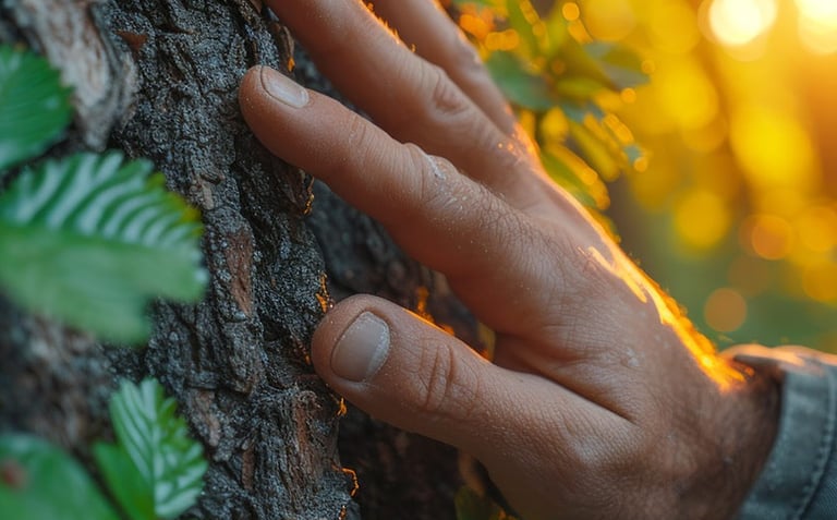 main d'homme posée avec délicatesse sur un tronc d'arbre