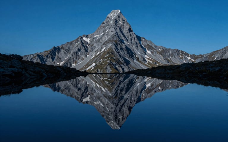 A minimalist and artistic photograph of a mountain peak reflected in a still, clear pool of water, located in a Southern European / Italian landscape. The color palette is dominated by Deep Ocean Blue and Slate Blue, representing depth and stability.