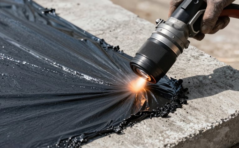 Close-up of technical waterproofing application on a concrete slab, showing dark asphaltic membrane being heat-torched precisely