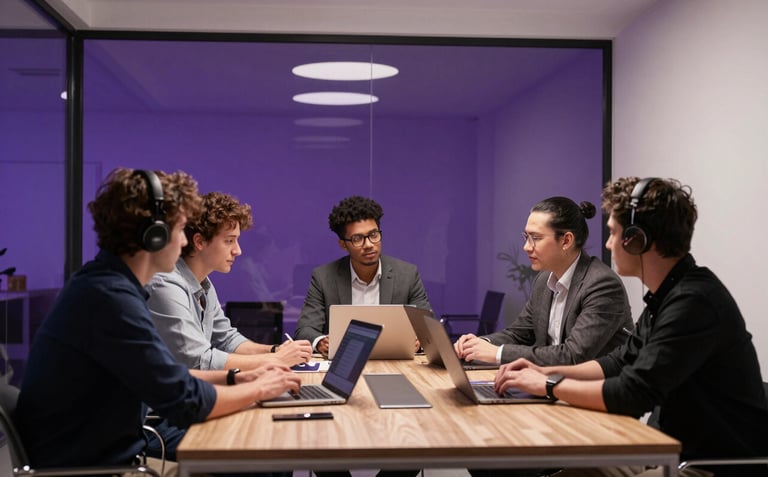 A group of professional digital creators collaborating in a stylish, glass-walled meeting room with subtle royal amethyst interior lighting and pearl white walls.