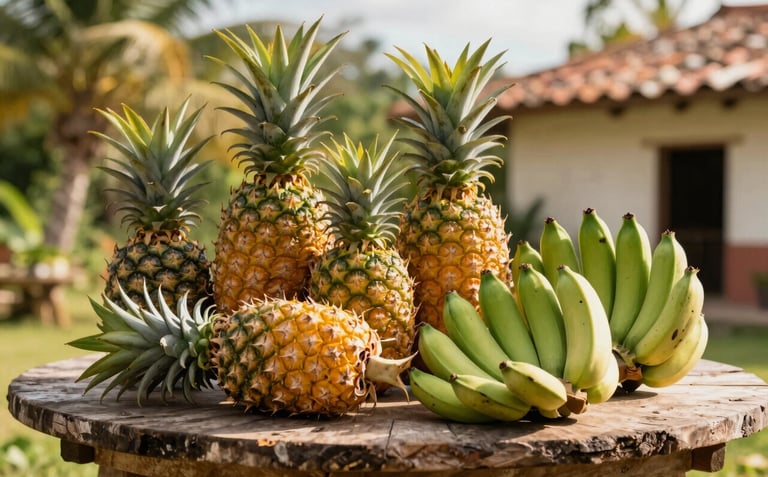A vibrant composition of fresh tropical pineapples and green bananas displayed outdoors on a rustic table in a Latin American tropical setting, golden sunlight.