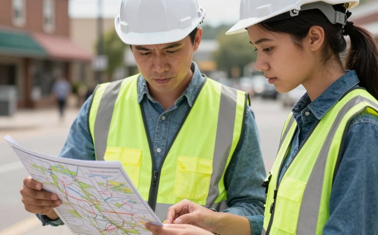A close-up photograph of a professional engineer and a young student reviewing site maps outdoors in a North American town. Both are dressed in professional attire with safety vests, conveying collaboration and expertise.