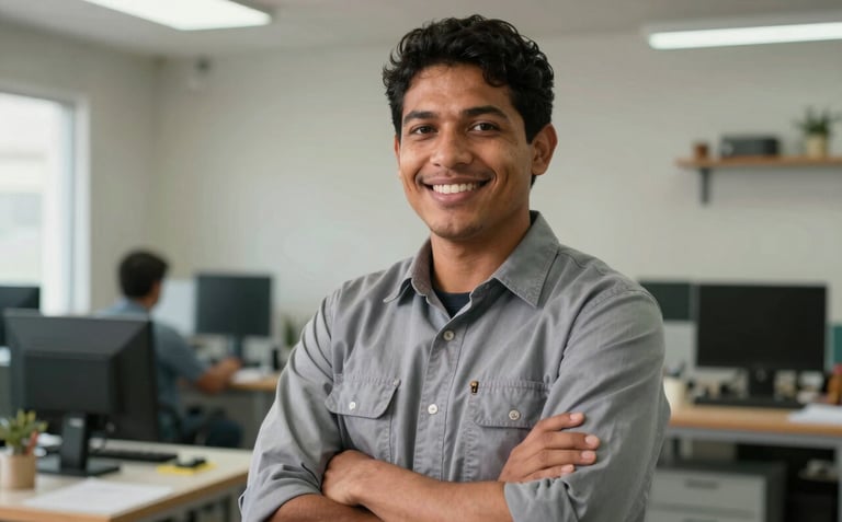 A confident South American / Brazilian worker in professional attire, smiling in a clean and organized workspace, conveying reliability, hope, and professional success.