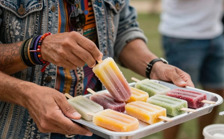 A stylish person in South American casual attire serving a tray of gourmet popsicles at an outdoor summer event. The composition is professional photography focusing on the interaction and the vibrant colors of the popsicles.