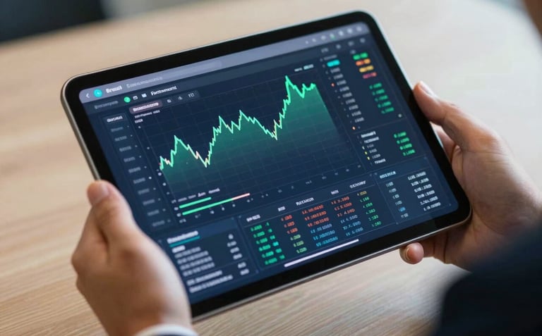 A close-up photograph of a sleek tablet displaying a sophisticated financial dashboard with green and blue charts, held by a person in a professional suit in a Brazilian business setting.