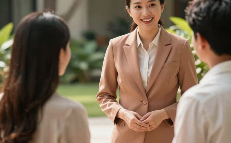 Candid cinematic photography of a friendly Southeast Asian hotel manager talking warmly with a guest family in a sunlit garden setting. The interaction is genuine and warm. Palette includes soft sand and terracotta tones, professional lighting.