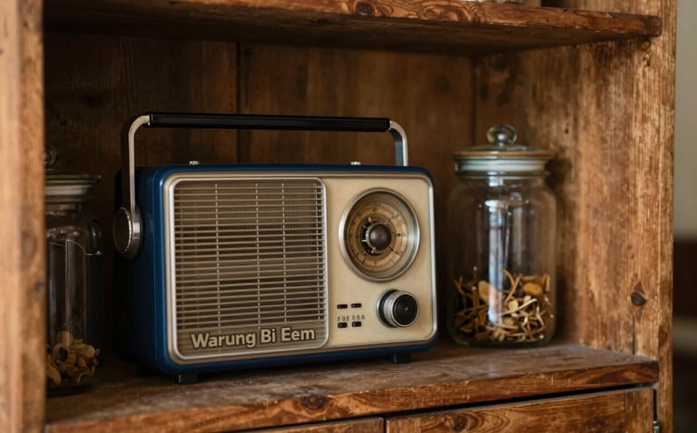 A cozy corner of Warung Bi Eem with an old radio, vintage glass jars, and warm wood textures. The style is modern yet nostalgic, utilizing colors #D4ECF7 and #2A3F5B.