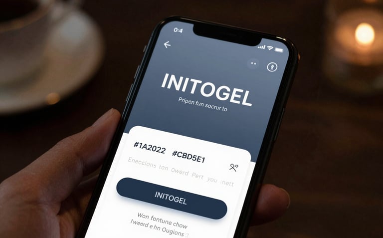 A premium close-up of a mobile smartphone screen displaying the INITOGEL login page with sophisticated UI elements in #1A202C and #CBD5E0. The phone is held by a hand in a dimly lit, luxury setting.