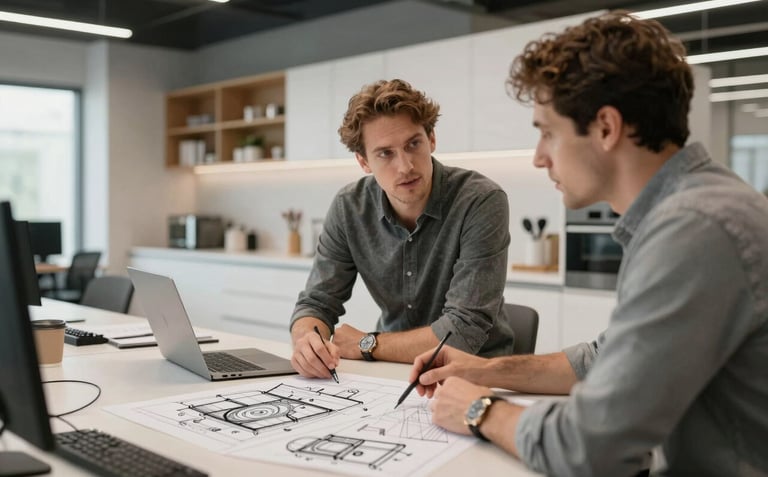 Professional designers discussing a technical 3D layout of a modular kitchen in a modern office, reflecting expertise and trust.