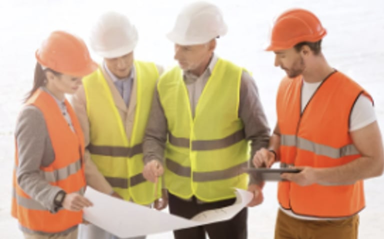 onsite team reviewing drawings with PPE on