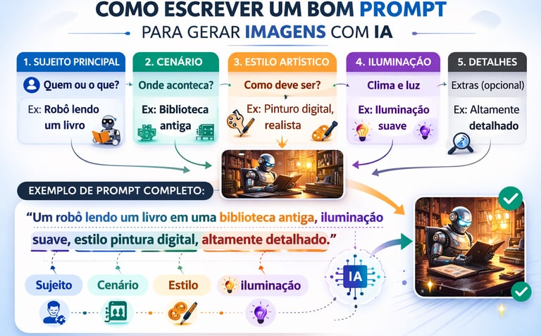 Infográfico explicando como escrever bons prompts para gerar imagens com inteligência artificial.