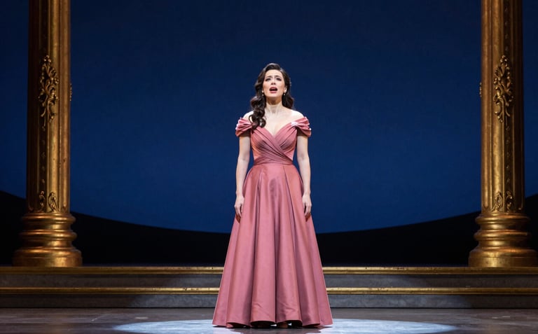 A dramatic wide shot of a soprano in a deep rose gown performing on an opera stage with ornate gold sets, emotional expression, spotlight on the performer, dark blue background.