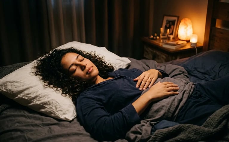 A woman sleeping peacefully in bed with a salt lamp glowing on the nightstand.