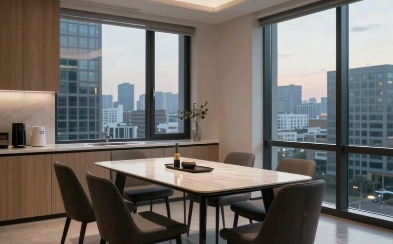 An interior shot of a sleek, contemporary dining room in an International / Global city. The design is minimalist with light wood accents and charcoal furniture. Soft evening light filters through large windows, creating a professional and trustworthy mood.