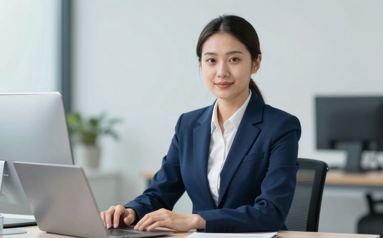 A confident financial consultant in a navy blue suit sitting at a modern desk, looking towards the camera with a helpful and professional expression. The background shows a clean, blurred office space. Colors include #1A2F45 and #A0B7CD.