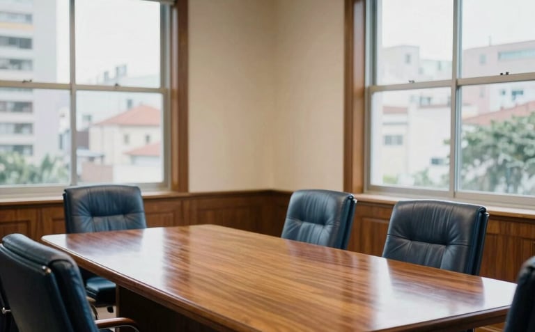 Interior of a classic and elegant legal meeting room in Brazil. Large windows show a subtle urban view, with a solid wood table and leather chairs. The atmosphere is formal and institutional, featuring soft lighting and a palette of navy blue and warm wood.