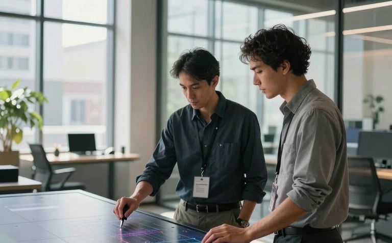 A professional North American male and female professional collaborating over a large digital screen in a modern, sunlit tech hub with premium glass partitions.