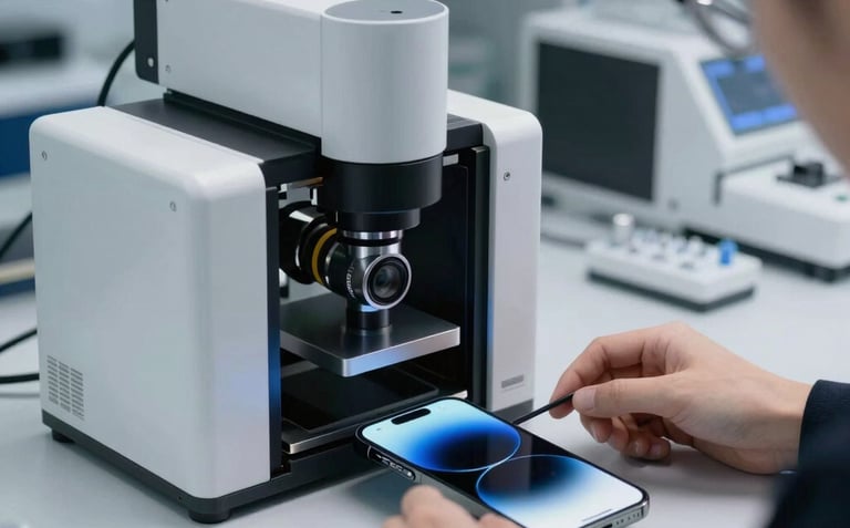 A high-end, clean-room laboratory in a Global / North American facility where premium smartphones undergo high-tech optical scanner diagnostics. Minimalist black, white, and blue ambient light casts reflections on the glass phone screens.