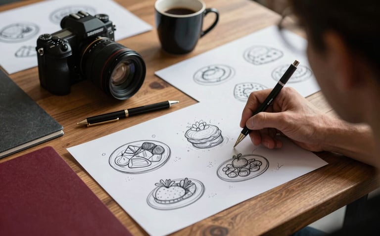 A behind-the-scenes shot of a content planning session. A wooden table with sketches of food layouts, a camera lens, and a cup of coffee. Accents of deep carmine red and dark slate are visible in the stationery and equipment.