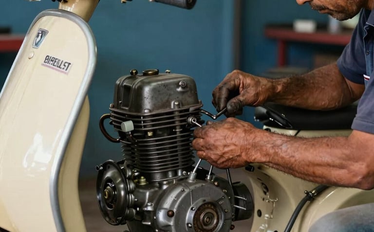 A nostalgic photograph of an experienced mechanic working on a vintage engine in a South American Brazilian garage. The composition shows worn hands, old tools, and a cream-colored scooter frame.