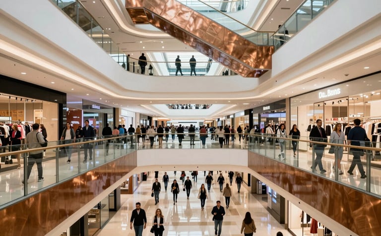 Interior view of a bustling shopping mall in Gran Buenos Aires, Argentina. The composition shows multiple levels with modern glass railings and warm bronze accents. Professional shoppers in stylish attire walk through the bright corridors.