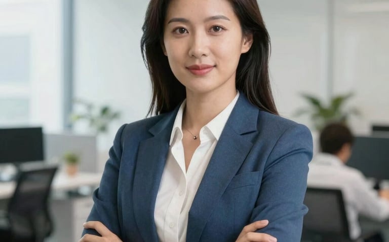 A professional portrait of a marketing consultant in a bright, modern US office. They are looking confidently at the camera, wearing stylish business casual attire, with a soft-focus office interior in Steel Blue and White tones in the background.