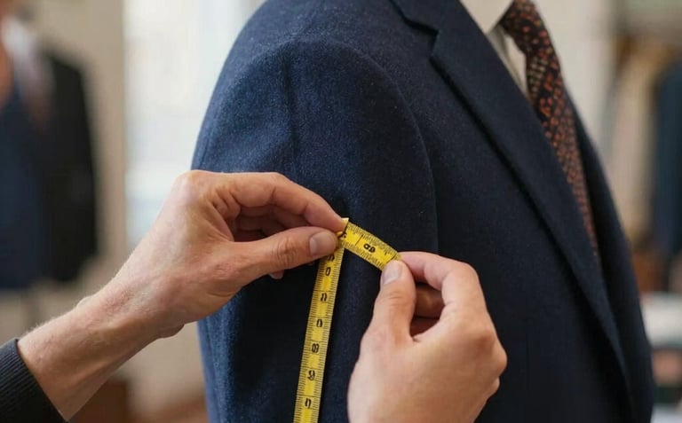 Detailed shot of a tailor's hands precisely measuring the shoulder of a navy blue wool jacket on a client, soft natural light, luxury interior design, European / Spanish.