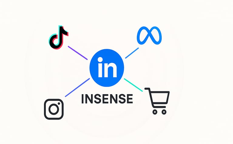 Insense logo connecting social media/shopping icons.