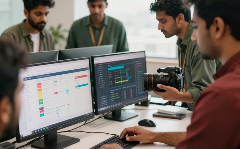 Behind the scenes of a dynamic digital marketing agency team in a bright modern South Asian / Indian studio setting, reviewing social media campaign analytics on screens and holding camera gear, with subtle matte forest green and warm crimson visual accents.