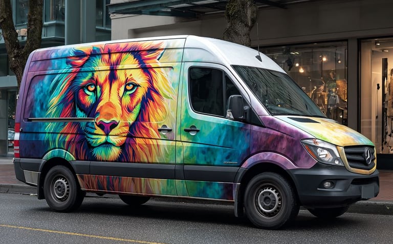 a van with a lion on it's side
