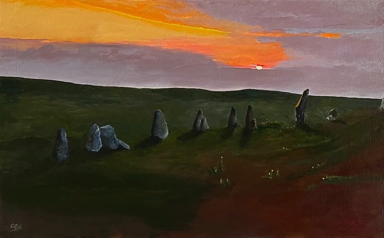 Oil painting of an ancient stone circle in a green field at sunset.